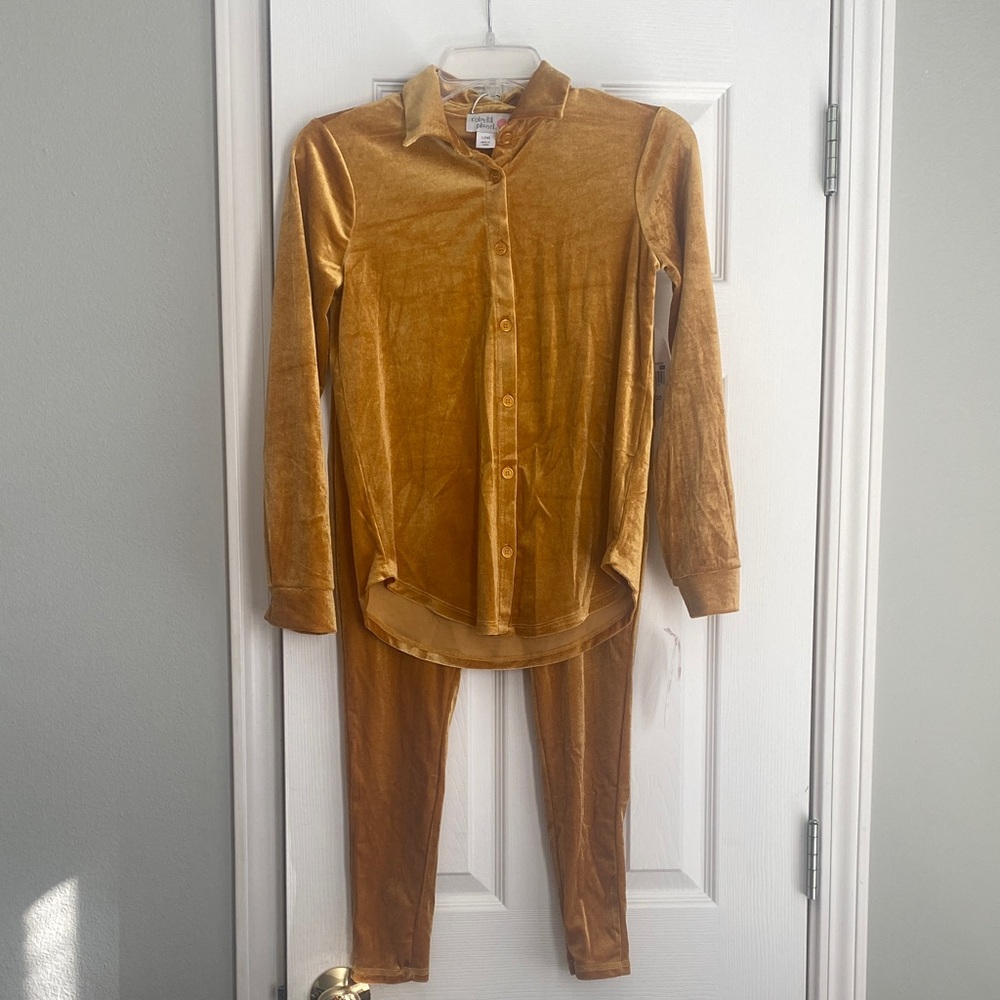 Velvet Gold Button-Up Shirt and Pants Set